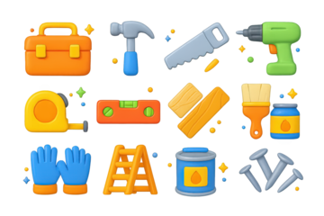 DIY Tools Icon Set. DIY renovation. 3D icons set of DIY renovation: toolbox, hammer, saw, drill, tape measure, spirit level, plank, varnish can, brush, gloves,
