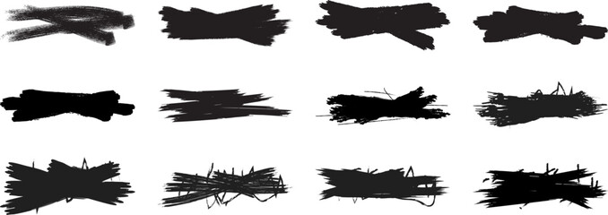 Collection of twelve abstract black ink brush stroke splatters and smudges isolated on a clean white background for graphic design