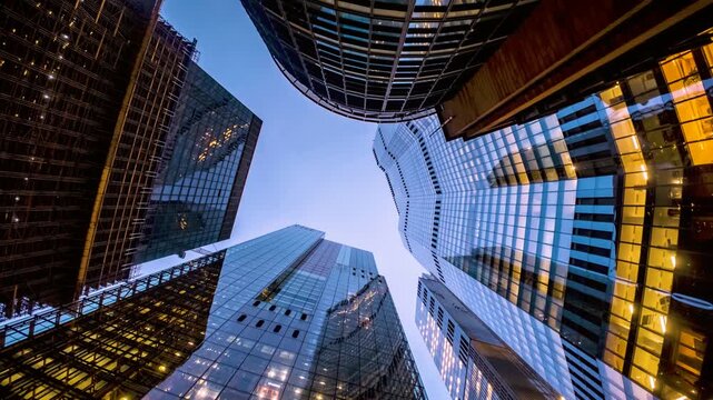 Motion time lapse view of looking directly up at the illuminated skyline of the financial district in central London during dusk, modern city architecture as a background