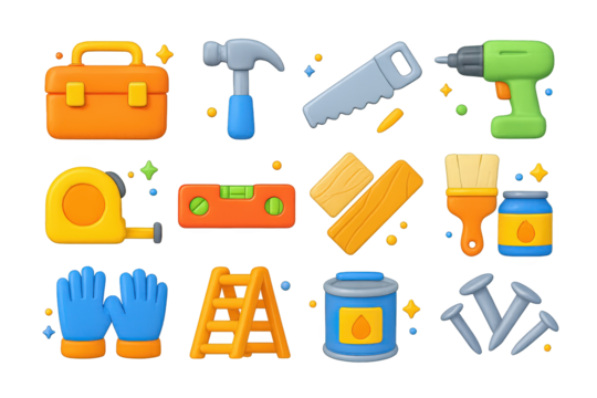DIY Tools Icon Set. DIY renovation. 3D icons set of DIY renovation: toolbox, hammer, saw, drill, tape measure, spirit level, plank, varnish can, brush, gloves,