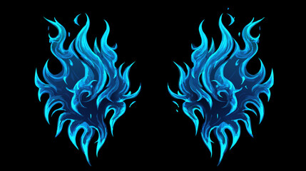 Symmetrical blue flame wings design element. Abstract fiery mystical energy burst. Fantasy magic power effect on black background.