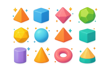 Colorful Platonic Solids Grid. Platonic solids. 3D icons set of Platonic solids: tetrahedron, cube, octahedron, dodecahedron, icosahedron, sphere, pyramid,