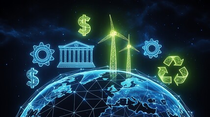Global sustainability concept featuring wind turbines financial symbols and recycling icon on a networked earth