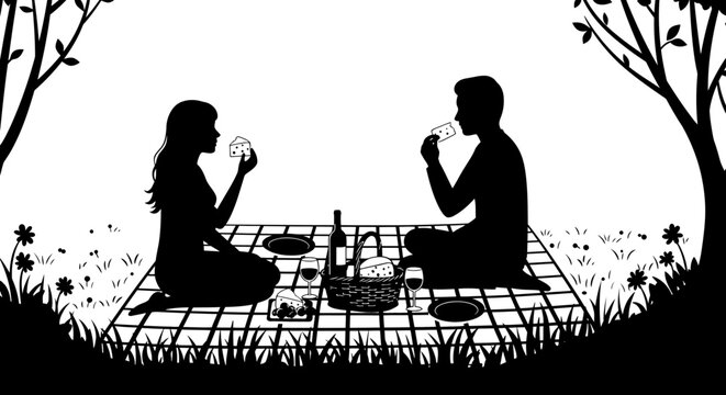 Romantic silhouette of a couple enjoying a picnic together surrounded by nature and flowers under trees on a sunny day isolated on white background
