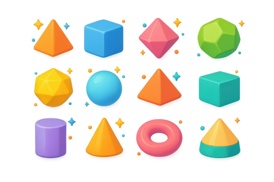 Colorful Platonic Solids Grid. Platonic solids. 3D icons set of Platonic solids: tetrahedron, cube, octahedron, dodecahedron, icosahedron, sphere, pyramid,