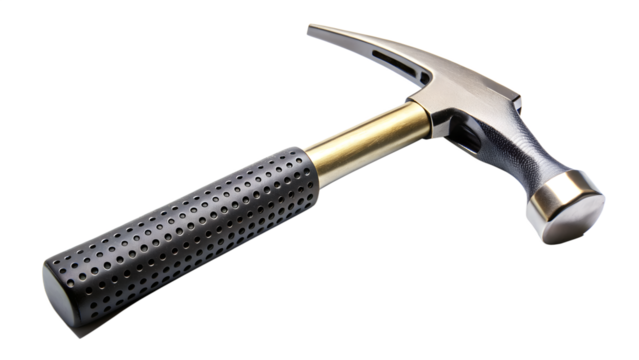 Closeup of a claw hammer with a silver head and a black grip isolated on transparent background - Powered by Adobe
