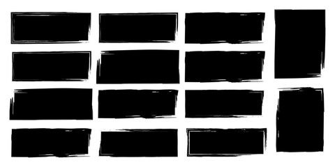Collection of twelve distressed black grunge rectangular frames and two tall vertical borders with rough textured edges on a white background