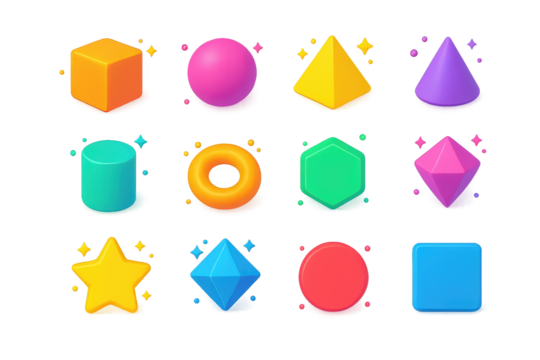 Vibrant 3D Shapes. Colorful geometry. 3D icons set of colorful geometry: cube, sphere, pyramid, cone, cylinder, torus, hexagon, octahedron, star, diamond,