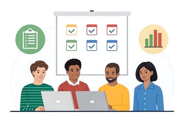 Diverse team of four people collaborating and working together on laptops in a modern office setting with a presentation screen displaying tasks and charts