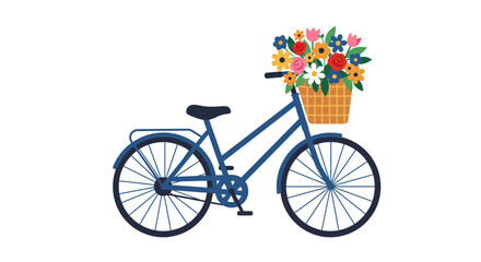 Vintage bicycle with colorful flower basket charming retro cycle transporting blooms for spring summer celebration and outdoor activities isolated on white background