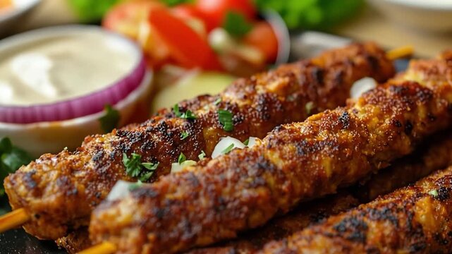 Grilled kofta kebab skewers prepared with seasonings, served with salad and dipping sauce
