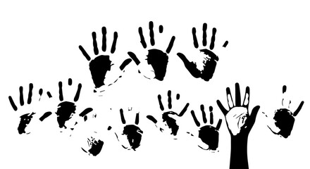 Black Handprint Silhouettes in Various Sizes and Orientations, Artistic Design.