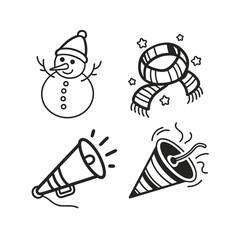 Festive winter celebration icons snowman scarf party popper megaphone design elements isolated on transparent background