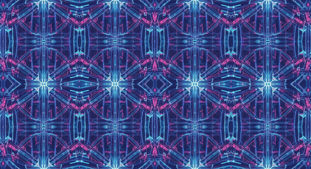 Intricate abstract geometric pattern with glowing neon blue and vibrant pink lines creating a symmetrical futuristic and energetic digital art background