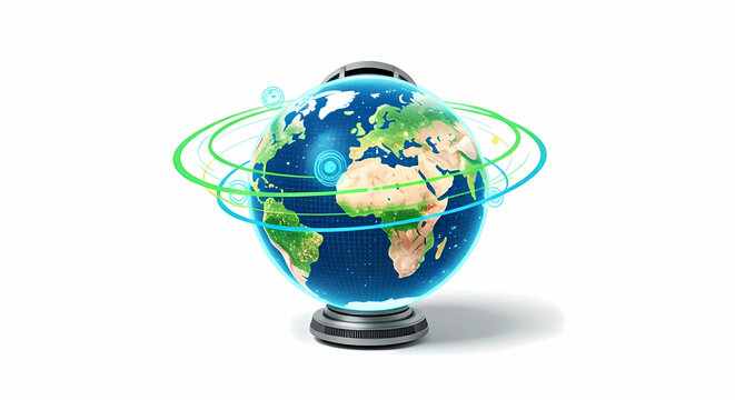 Futuristic digital globe with glowing green and blue orbiting rings, representing global connectivity and technology