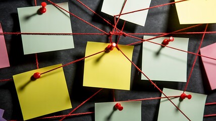 Investigative concept showing sticky notes connected by red string representing complex relationships or investigations