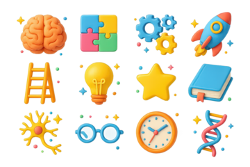 Cognitive Flexibility Icons. Cognitive flexibility. 3D icons set of cognitive flexibility: brain, puzzle pieces, gears, rocket, ladder, light bulb, star, book,