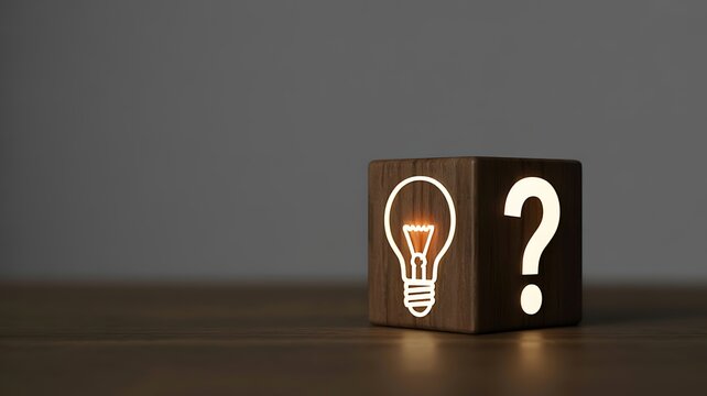 Illuminated lightbulb and question mark icons displayed on wooden block representing ideas and queries in a creative context.