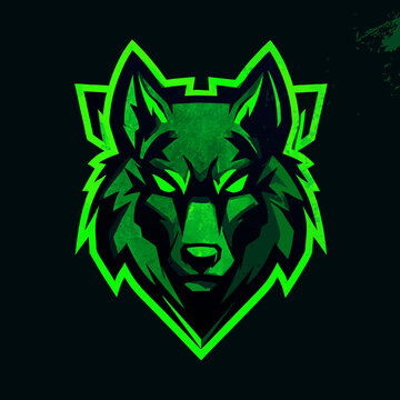 Fierce neon green wolf head logo design for e-sports, gaming mascot, or team emblem. Aggressive digital animal illustration.