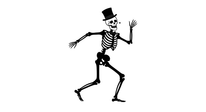 Playful skeleton character wearing top hat running and dancing with joyful energy isolated on white background