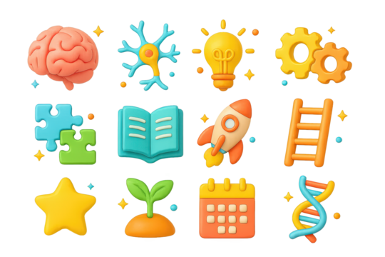 Brain Plasticity Icons. Brain plasticity. 3D icons set of brain plasticity: brain, neuron, light bulb, gears, puzzle pieces, book, rocket, ladder, star, plant