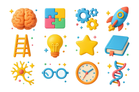 Cognitive Flexibility Icons. Cognitive flexibility. 3D icons set of cognitive flexibility: brain, puzzle pieces, gears, rocket, ladder, light bulb, star, book,