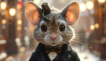 Cute Mouse in Elegant Outfit, Focused Gaze.