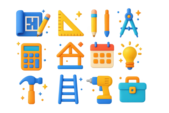 Blueprint Icon Set. Blueprint planning. 3D icons set of blueprint planning: blueprint, ruler, pencil, compass, calculator, house frame, calendar, light bulb,