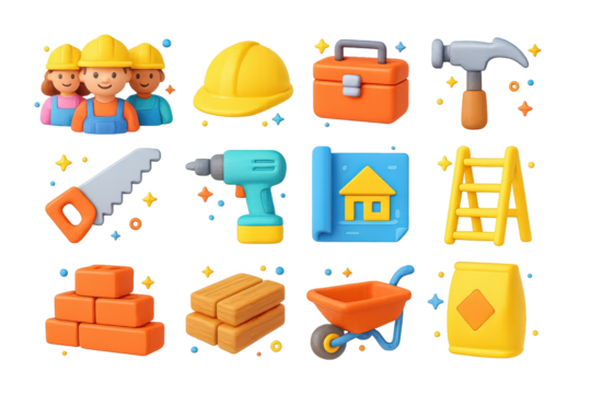 Teamwork Icons Set. Teamwork building. 3D icons set of teamwork building: group of workers, hard hat, toolbox, hammer, saw, drill, blueprint, ladder, bricks, - Powered by Adobe