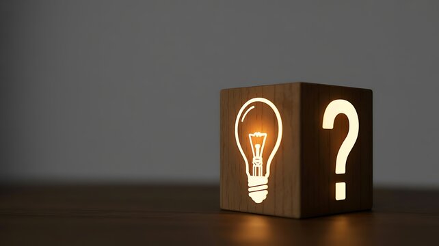 Lit wooden cube with a glowing light bulb on one side and a question mark on another representing idea generation