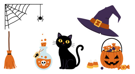 Whimsical halloween icons set featuring black cat spiderweb broom witch hat potion and candy bucket for festive autumn celebrations and decorations vector © Hridoy