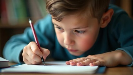 Video A young boy writes on a piece of paper with dedication and focus - Powered by Adobe