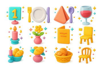 Colorful Dining Icons. Event dining. 3D icons set of event dining: table number stand, plate, fork, knife, spoon, napkin, wine glass, candle, flower vase, menu