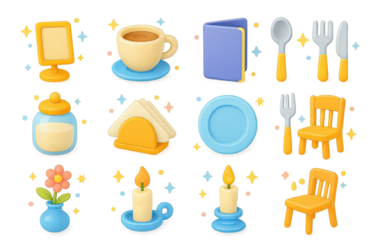 Colorful Cafe Icon Set. Cafe essentials. 3D icons set of cafe essentials: table number stand, coffee cup, menu card, spoon, sugar jar, napkin holder, plate,