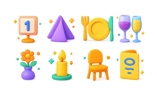 Banquet Icons Collection. Banquet hall. 3D icons set of banquet hall: table number stand, folded napkin, plate, fork, knife, spoon, wine glass, champagne