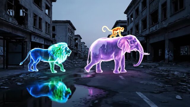 Neon Animals: Lion, Elephant, and Monkey in a Post-Apocalyptic Urban Landscape