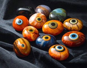 Colorful Eye Stones on Dark Fabric.