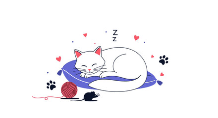 A peaceful white cat naps soundly on a plush pillow surrounded by playful paw prints and a toy mouse.