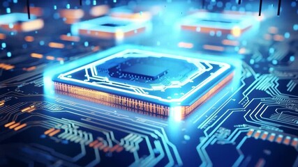 Central processing unit on a circuit board glowing with digital data streams and light - Powered by Adobe