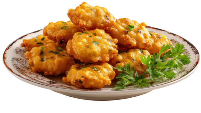 There are seven round fritters (vadas) placed neatly on a decorative glass plate.