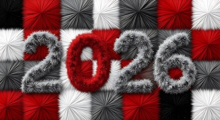 Fluffy textured numbers of the year 2026 in red and grey against a checkered background