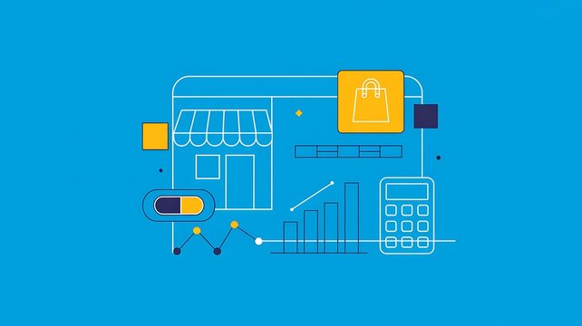 Online retail concept showcasing e-commerce store elements like shopping cart graphs calculator and financial tracking