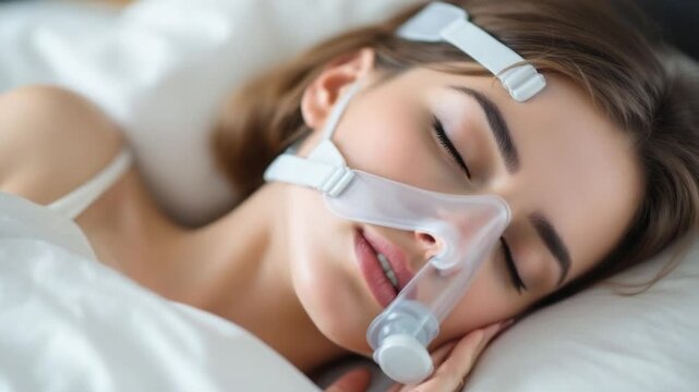Woman Sleeping with CPAP Mask for Sleep Apnea Treatment and Improved Breathing.