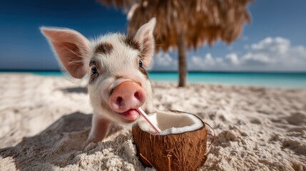 Adorable piglet on tropical beach drinking from a coconut with a straw, creating a funny and sunny vacation scene full of happiness and summer vibes.