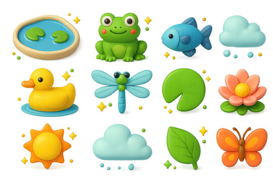 Water Habitat Icons. Water habitats. 3D icons set of water habitats: pond, frog, fish, duck, dragonfly, lily pad, flower, sun, cloud, leaf, reeds, butterfly.
