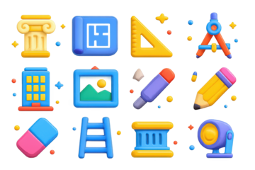 Playful Architecture Icons. Architecture. 3D icons set of architecture: column, blueprint, ruler, compass, building, gallery frame, chisel, pencil, eraser,