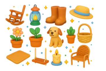 Country Living Icons. Country living. 3D icons set of country living: rocking chair, lantern, boots, straw hat, flower pot, potted plant, dog, basket, welcome
