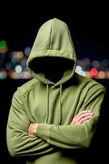 Mysterious person in green hoodie with hidden face stands at night with city lights behind, symbolizing anonymity, secrecy, and cyber identity.