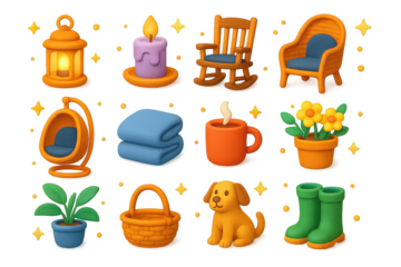Playful Porch Icons. Evening porch. 3D icons set of evening porch: lantern, candle, rocking chair, wicker chair, swing chair, blanket, coffee mug, flower pot,