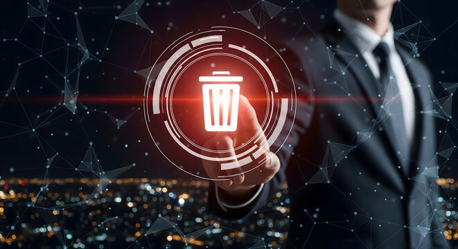 Businessman pressing delete key for data management and security solutions - Powered by Adobe